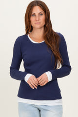 Navy Ribbed Long Sleeve Double Layer Maternity Top