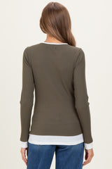 Olive Ribbed Long Sleeve Double Layer Maternity Top