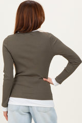 Olive Ribbed Long Sleeve Double Layer Top
