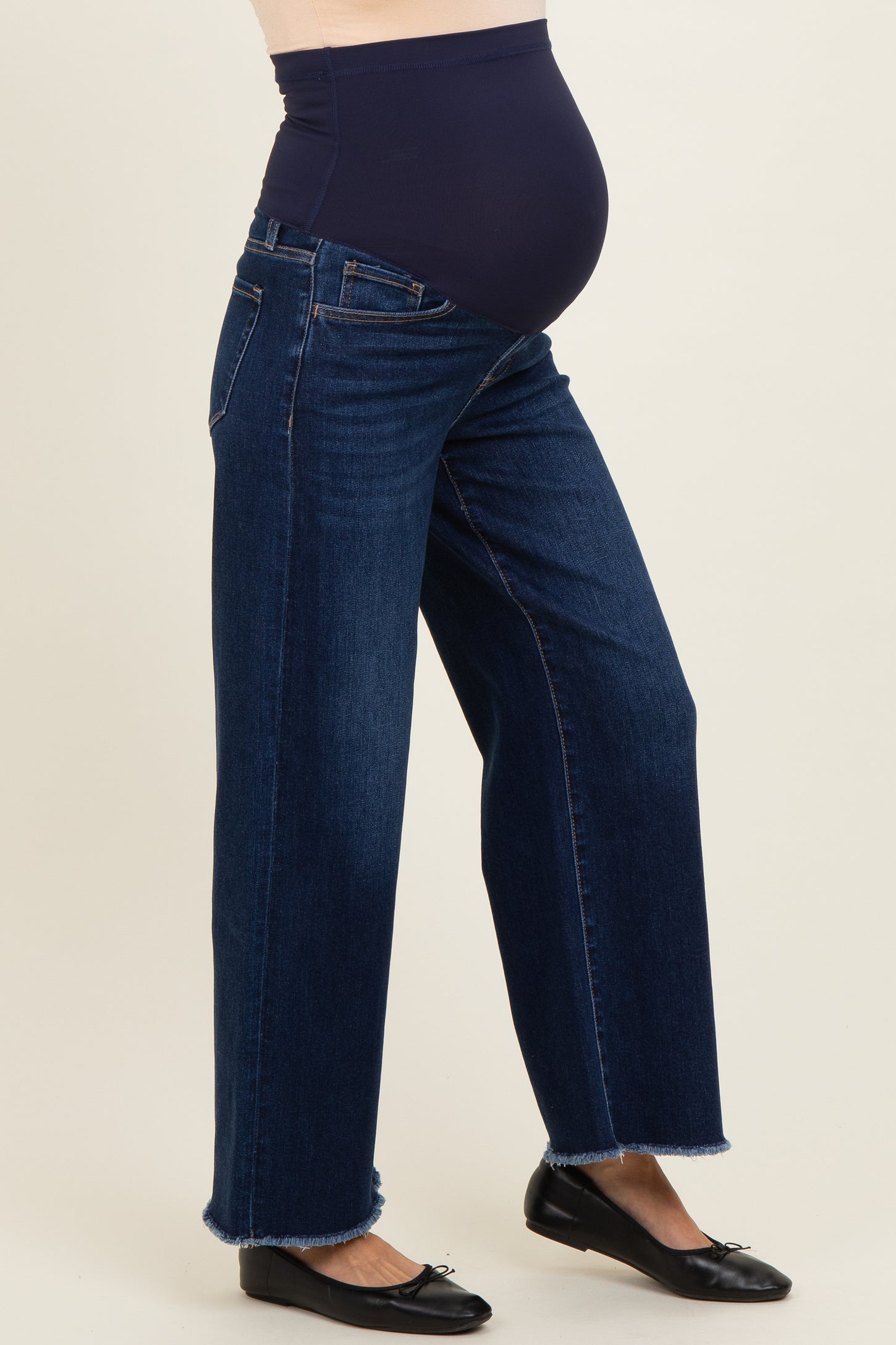 Navy Dark Wash Ankle Raw Hem Wide Leg Maternity Jeans