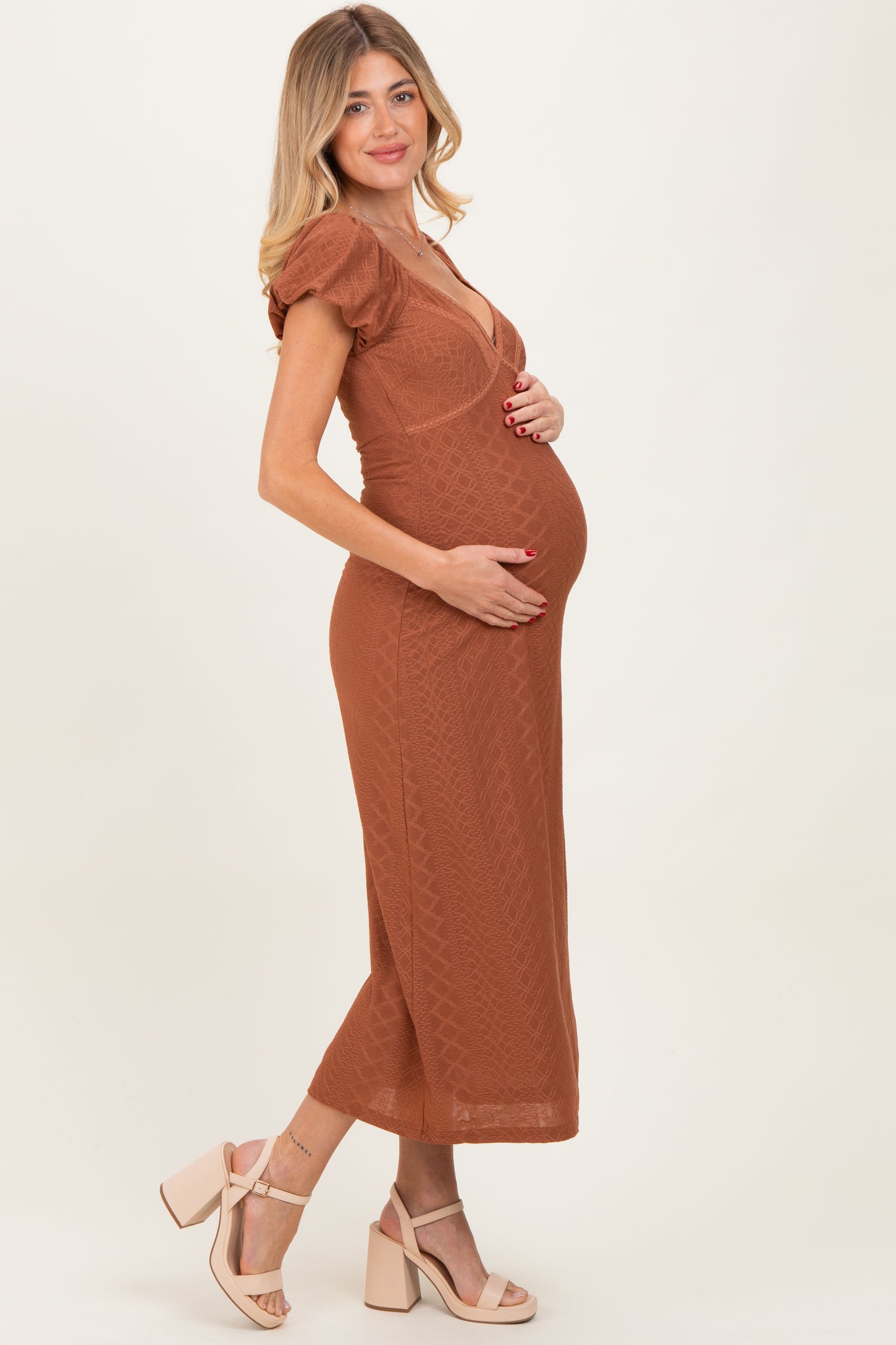 Rust Floral Chiffon Maternity Midi Dress
