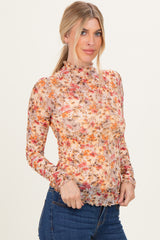 Taupe Floral Mesh Mock Neck Long Sleeve Top