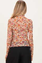 Taupe Floral Mesh Mock Neck Long Sleeve Maternity Top