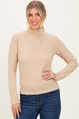 Beige Mock Neck Long Sleeve Brushed Lace Maternity Top