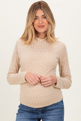 Beige Mock Neck Long Sleeve Brushed Lace Maternity Top