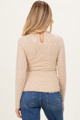 Beige Mock Neck Long Sleeve Brushed Lace Maternity Top