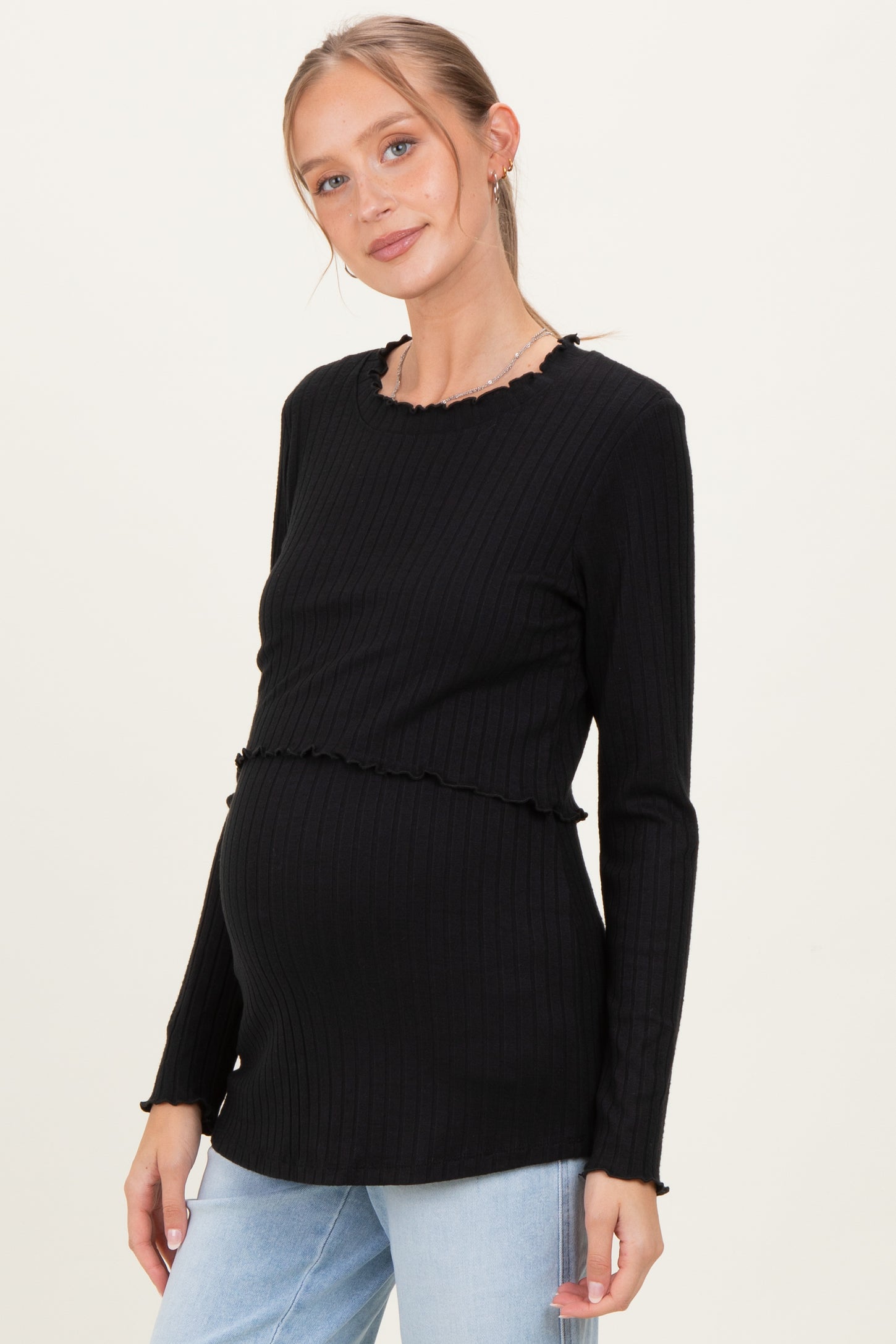 Black Ribbed Ruffle Detail Maternity/Nursing Long Sleeve Top