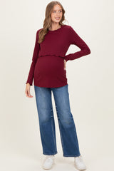 Burgundy Ribbed Ruffle Detail Maternity/Nursing Long Sleeve Top
