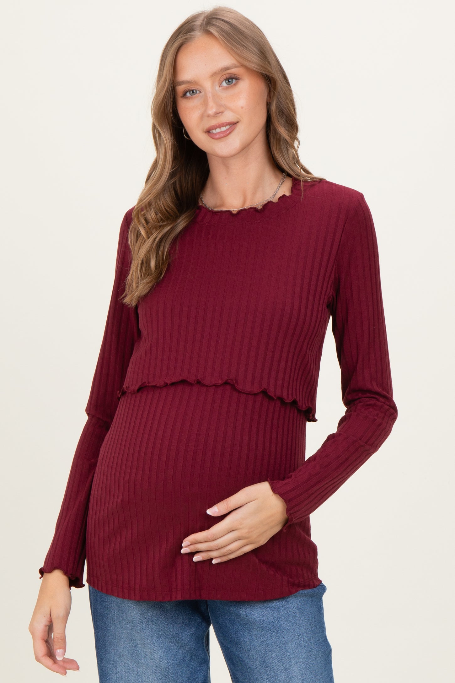 Burgundy Ribbed Ruffle Detail Maternity/Nursing Long Sleeve Top