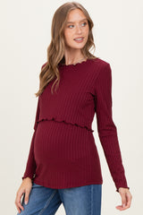 Burgundy Ribbed Ruffle Detail Maternity/Nursing Long Sleeve Top