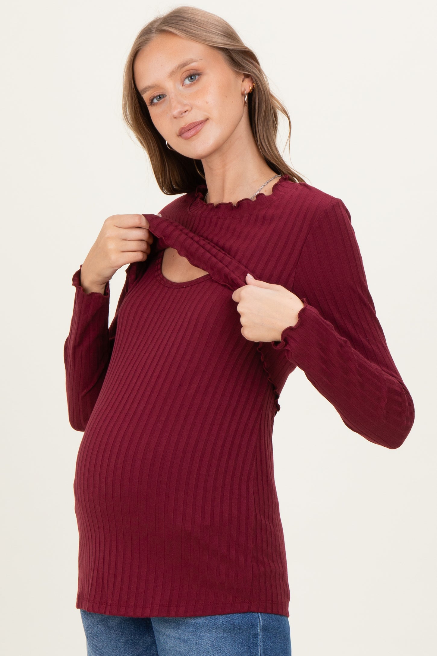 Burgundy Ribbed Ruffle Detail Maternity/Nursing Long Sleeve Top