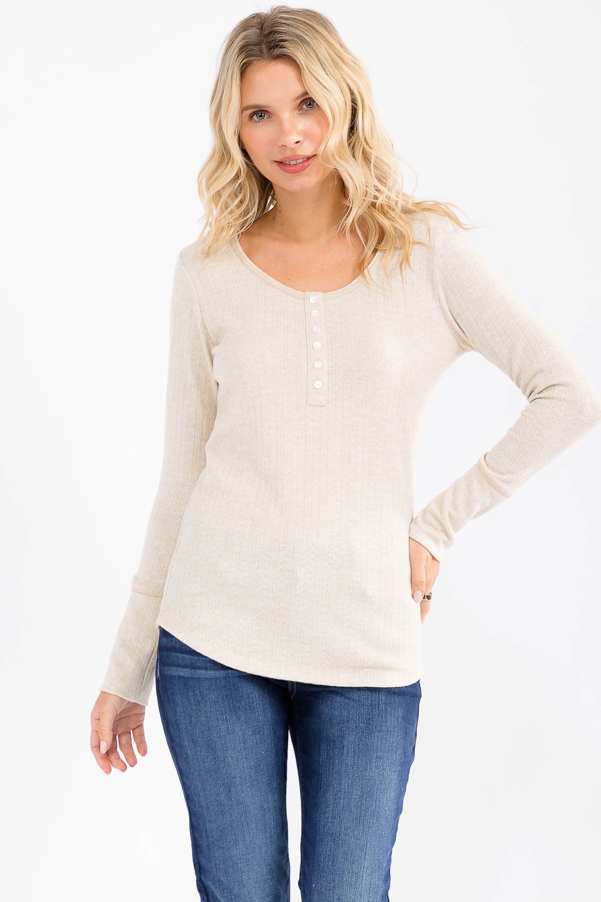 Oatmeal Pointelle Knit Henley Top