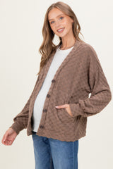 Mocha Checkered Knit Button Front Maternity Cardigan