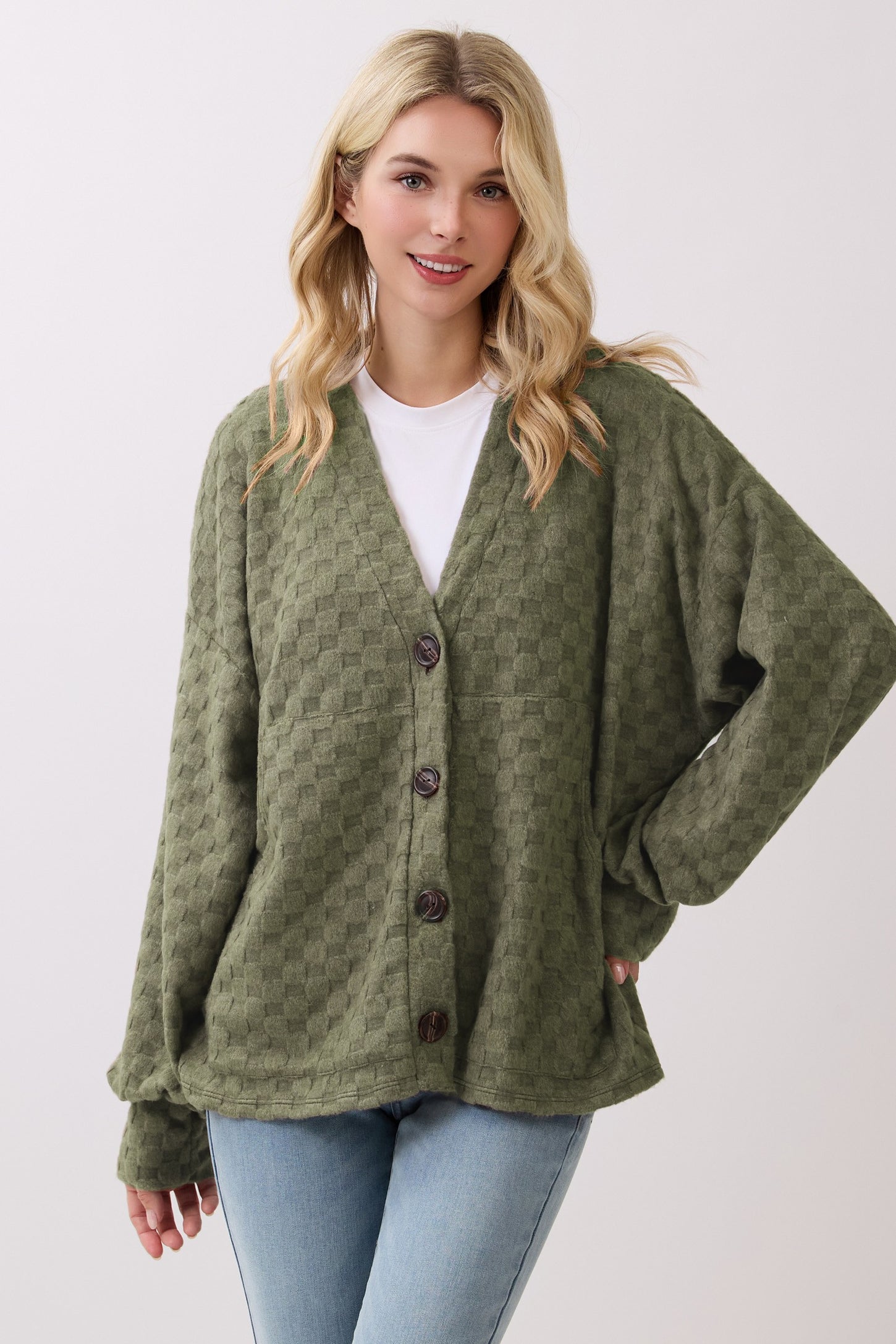 Olive Checkered Knit Button Front Cardigan