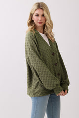 Olive Checkered Knit Button Front Cardigan