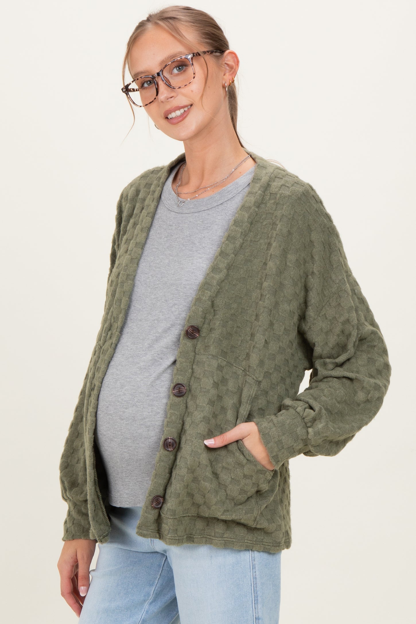 Olive Checkered Knit Button Front Maternity Cardigan