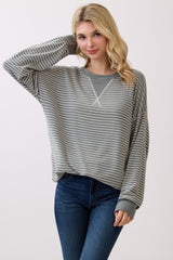 Olive Striped Crew Neck Pullover Top