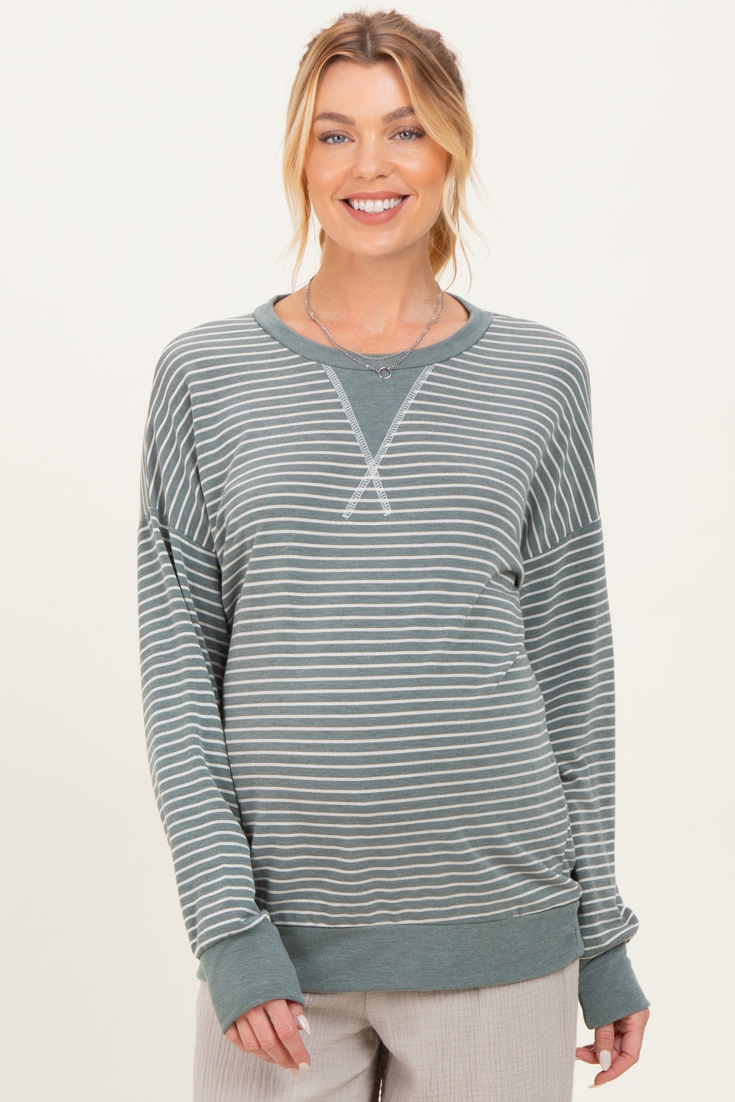 Olive Striped Crew Neck Pullover Maternity Top