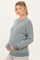 Olive Striped Crew Neck Pullover Maternity Top