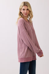Mauve Striped Crew Neck Pullover Top