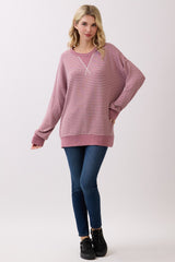 Mauve Striped Crew Neck Pullover Top