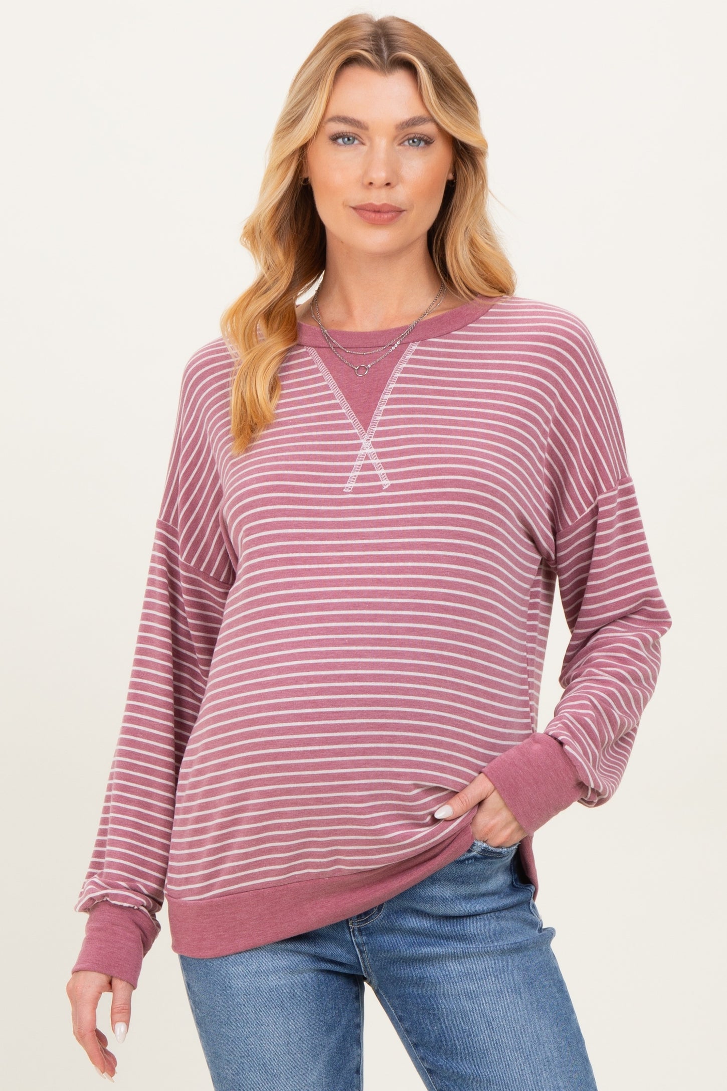 Mauve Striped Crew Neck Pullover Maternity Top