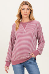Mauve Striped Crew Neck Pullover Maternity Top