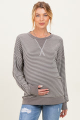 Taupe Striped Crew Neck Pullover Maternity Top