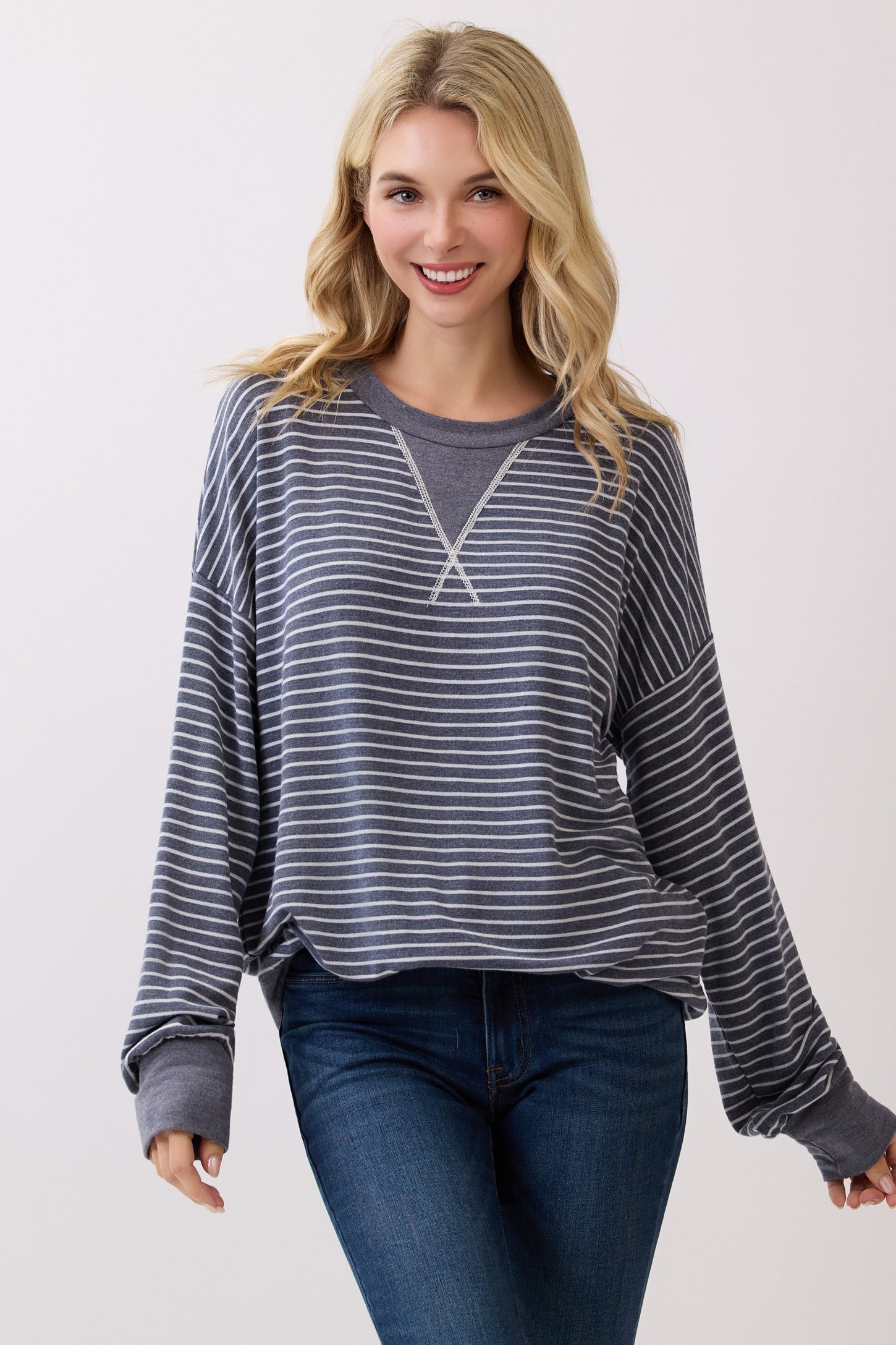 Navy Striped Crew Neck Pullover Top