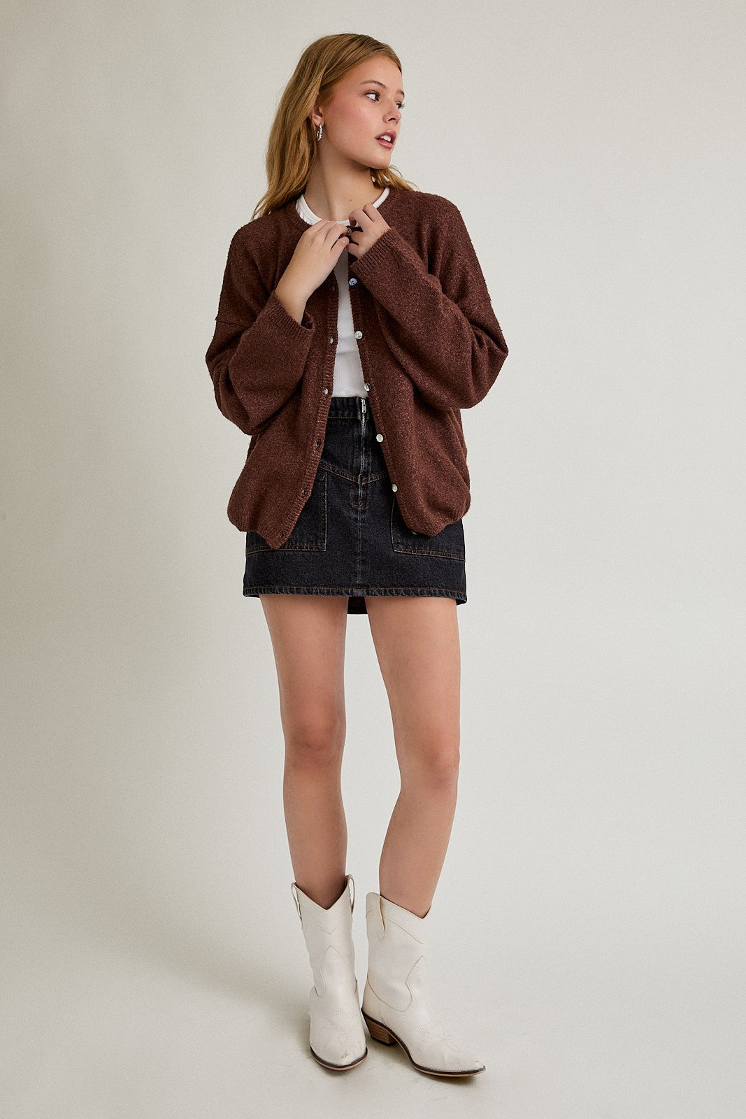 Brown Classic Crew Neck Button Cardigan