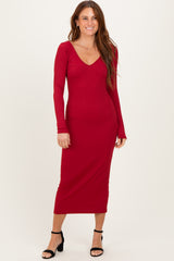 Dark Red V-Neck Long Sleeve Fitted Maxi Dress