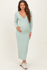 Sage V-Neck Long Sleeve Fitted Maternity Maxi Dress