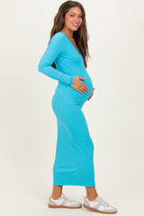 Sky Blue V-Neck Long Sleeve Fitted Maternity Maxi Dress