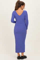 Iris Blue V-Neck Long Sleeve Fitted Maternity Maxi Dress