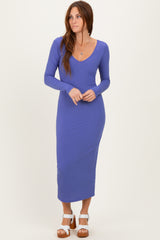 Iris Blue V-Neck Long Sleeve Fitted Maxi Dress