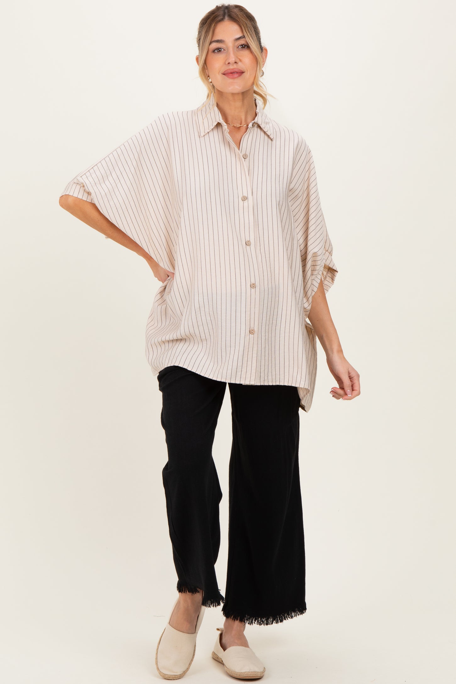 Cream/Black Striped Short Sleeve Collared Button Down Maternity Blouse