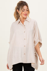 Cream/Black Striped Short Sleeve Collared Button Down Maternity Blouse