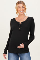 Black Ribbed Long Sleeve Button Town Maternity Top