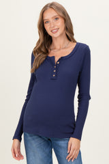Navy Ribbed Long Sleeve Button Town Maternity Top
