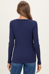 Navy Ribbed Long Sleeve Button Town Maternity Top