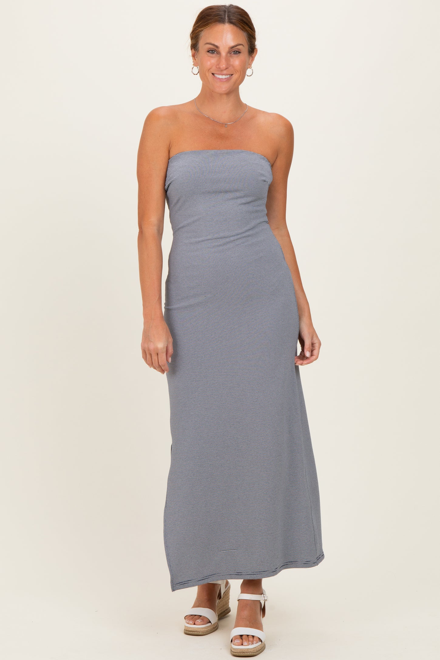 Navy Strapless Side Slit Midi Dress
