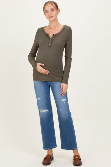 Olive Ribbed Long Sleeve Button Town Maternity Top
