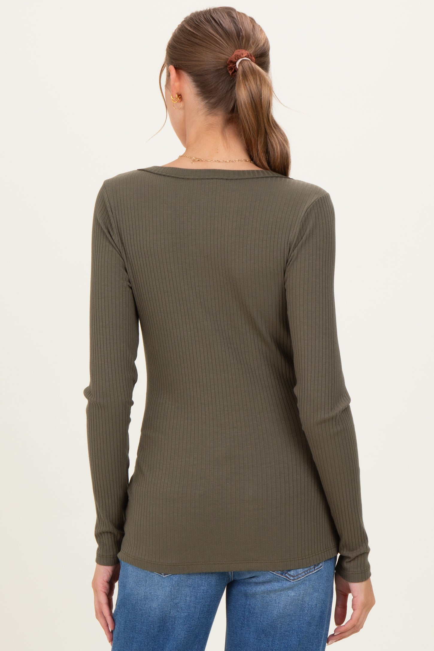 Olive Ribbed Long Sleeve Button Town Maternity Top