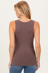 Brown Ribbed Split Neck Maternity Tank Top