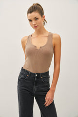 Mocha Ribbed Split Neck Maternity Tank Top
