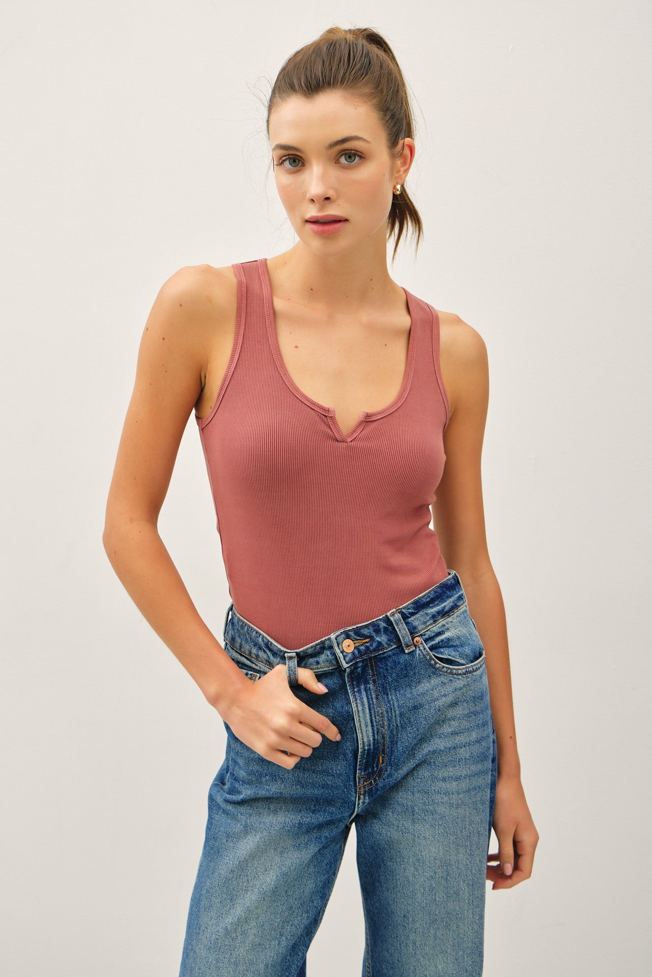 Rust Ribbed Split Neck Tank Top