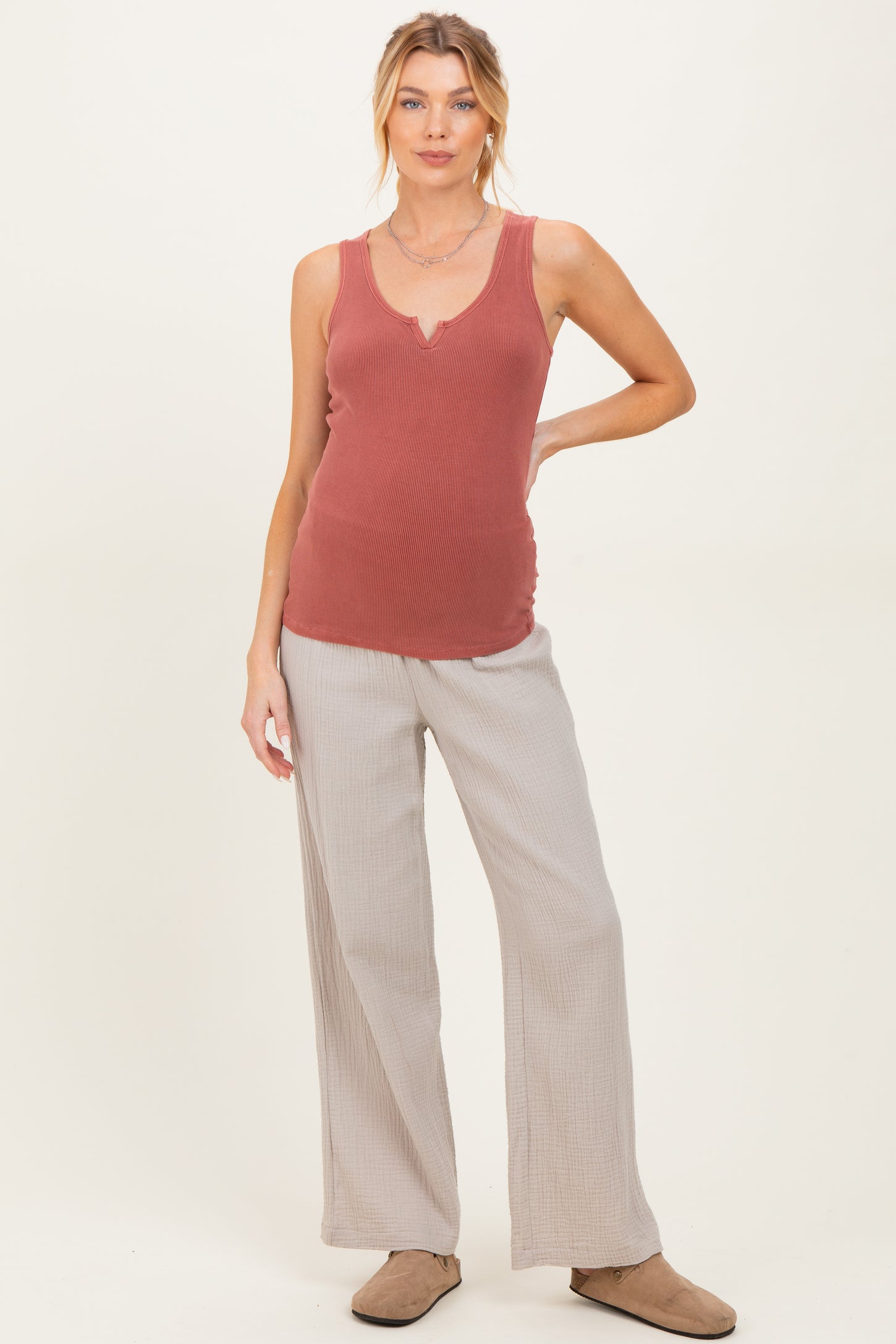 Rust Ribbed Split Neck Maternity Tank Top