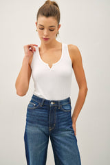 White Ribbed Split Neck Tank Top
