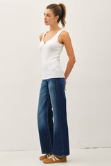 White Ribbed Split Neck Tank Top