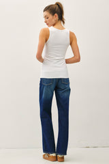 White Ribbed Split Neck Tank Top